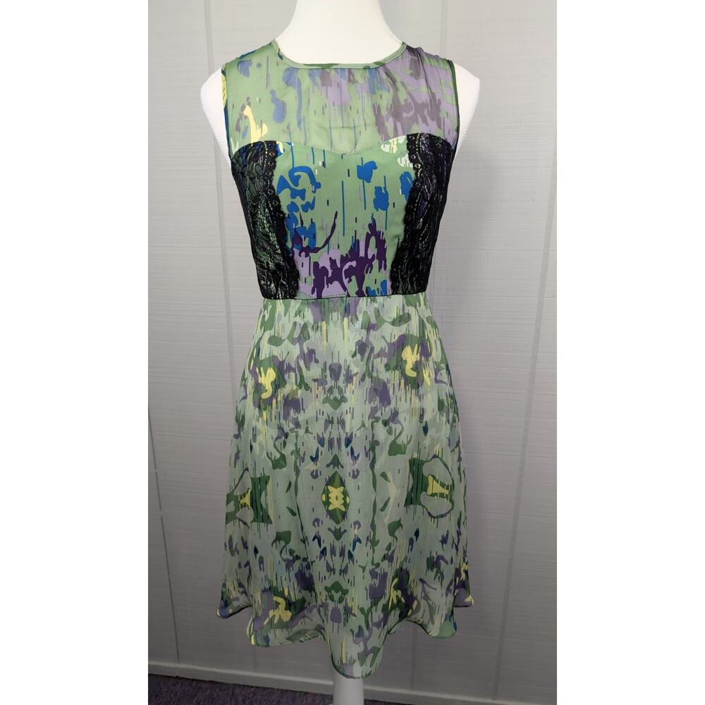Vessel by Timo Green Silk Dress SZ 2 Abstract Watercolor Lase Insets Silk Flowy